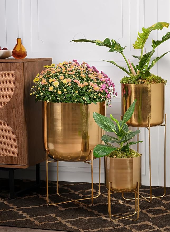 Serene Spaces Living Tall Gold Planter with Detachable Metal Stand - Modern Mid Century Decorative Indoor Plant Pot - Large Floor Planter for Living Room, Kitchen, Office - 26" H x 9.25" Diameter