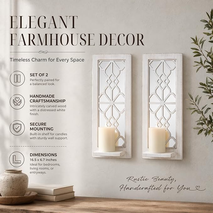 ZEXUIRU 2 Set Rustic Candle Sconces Living Room Bedroom Entryway Wood Mirrored, Farmhouse, Carved Frame Wall-Mount Wooden Candle Holders Wall Decor Hanging Handmade Holder - Distressed White