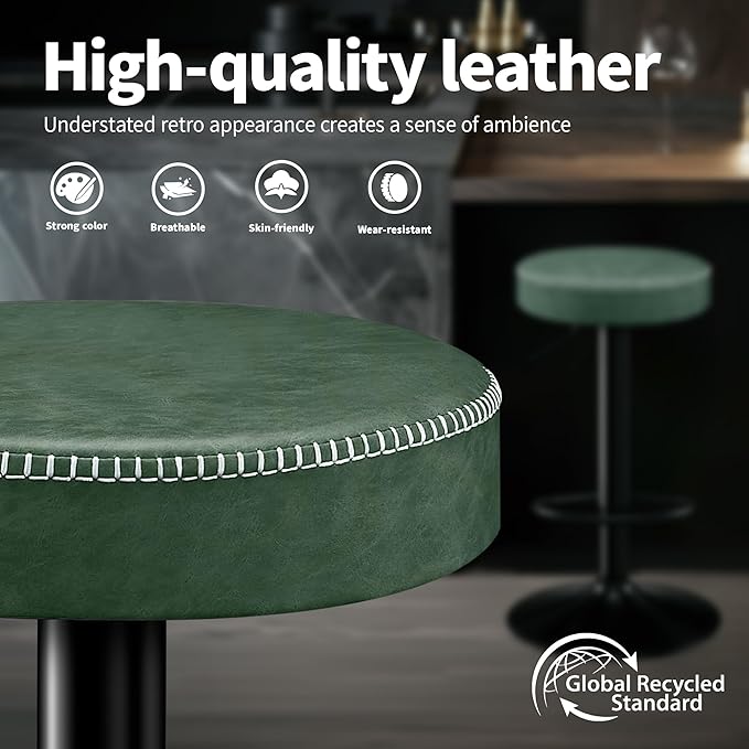 Bar Stools Set of 2 Microfiber Leather Counter Height Bar Stools with Round Seat Adjustable Swivel Backless Barstools Modern Tall Bar Chairs for Kitchen Island Green(24-33 Inch,330lbs)