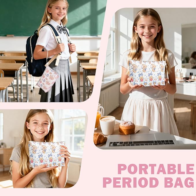 Period Bag for Teen Girls, Quilted Sanitary Napkin Storage Bag, Cute Bears Menstrual Pad Pouch Tampon Holder (Large-Pink)