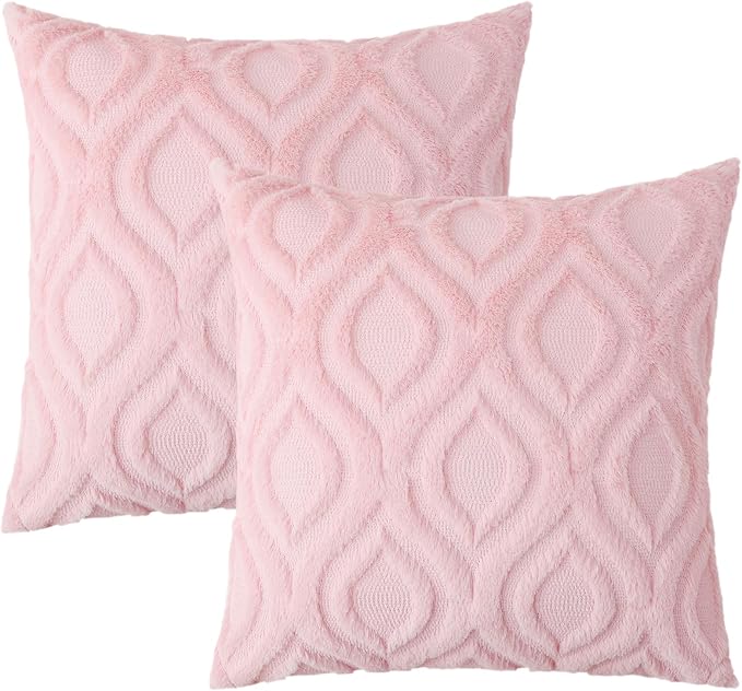decorUhome Faux Fur Plush Light Pink Throw Pillow Covers 18x18 Set of 2 | Plush Solid Fall Couch Pillow Covers, Accent Modern Farmhouse Neutral Decorative Square Pillow Cases for Sofa Bed Living Room
