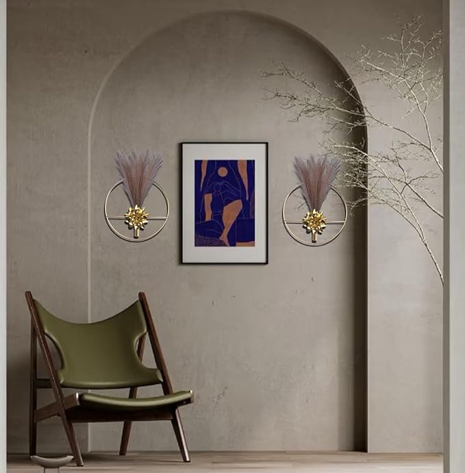 M-dazzling Gold Wall Decor Hanging Planters with Pampas Pretty Wall Decor Boho Plant Wall Decor; Metal Wall Hanging Vase;Living Room, Bedroom, Bathroom, Dining room,Plant Wall-Mounted Decor