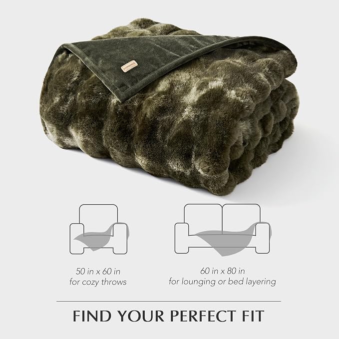 Faux Rabbit Fur Bubble Throw Blanket, 50"x60", Marble Olive | Ultra Soft, Luxury Faux Rabbit Fur Throw, Thick Warm Bubble Blanket, Cozy Fluffy Reversible, for Bed, Couch, Chair, Sofa