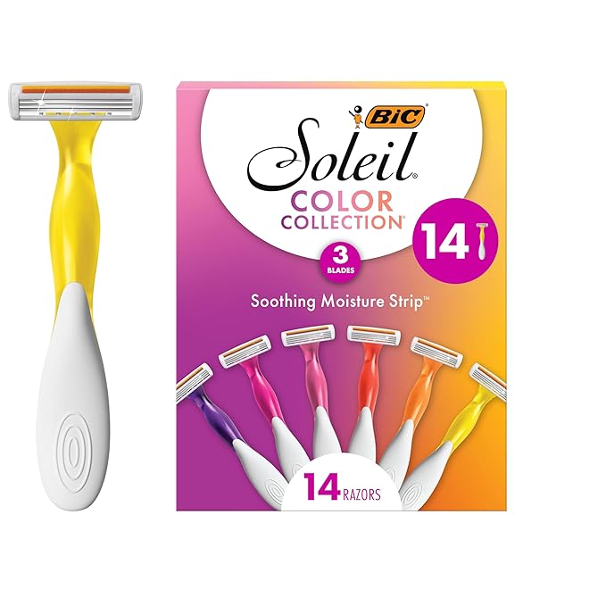 BIC Soleil 3 Colors Women's Disposable with 3 Blade Razors, Aloe Vera and Vitamin E Lubricating Strip for Enhanced Glide, 14-Pack, Stocking Stuffers for Women