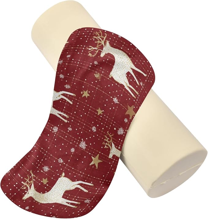 Christmas Red Reindeer Star Dots Neck Roll Pillow Bolster Round Health Memory Foam Long Cervical Cylinder Pillows with Removable Washable Cover for Body Bed Legs Back Yoga