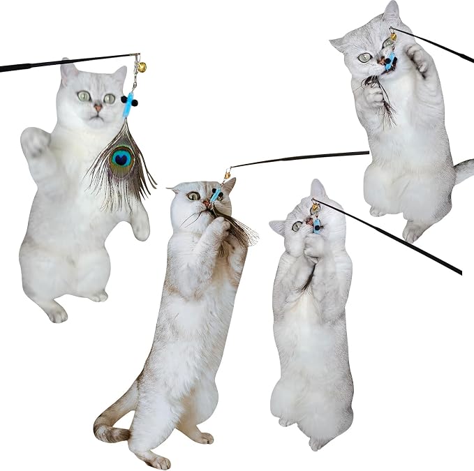 miwoowim 10PCS Retractable Cat Wand Toy with Natural Feather Insect Refills | Sturdy wooden handle with 4-section telescopic rod (8.3"-26.4"). Interactive Kitty Toys on a Stick.Promotes healthy exercise