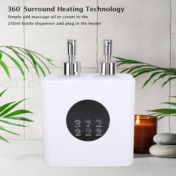 Massage Oil Heater with 4pcs 250ml Bottles, Temperature Range 30-65°C, Boosts Massage Oil Flowing, Dual Holes Adjustable Temperature Oil Warmers (US Plug)