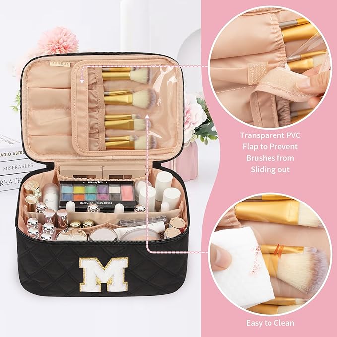 OCHEAL Makeup Bag Valentines Day Gifts for Women, Monogram Cosmetic Bag Black Travel Makeup Case Beauty Toiletry Bag Organizer Personalized Gifts for Girls Bridesmaid, Sister, Wife, Friends Initial M