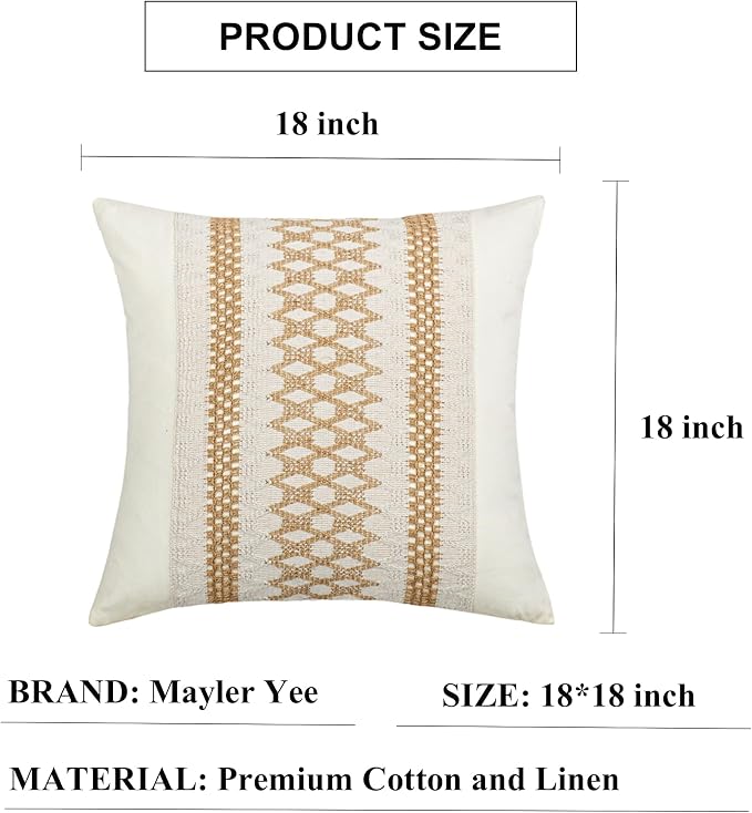 Throw Pillow Covers 18 x 18 Inch 1PC for Farmhouse Living Room, Cotton & Burlap Textured Striped Woven Boho Pillow Covers (Beige & Brown, Khaki Grid)