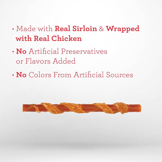 DreamBone Twist Stick Sirloin Rawhide-Free Dog Treats, 15 Count | Daily Chew, Digests Safely and Completely, Made With Real Protein, Chicken and Veggies, For Adult Dogs