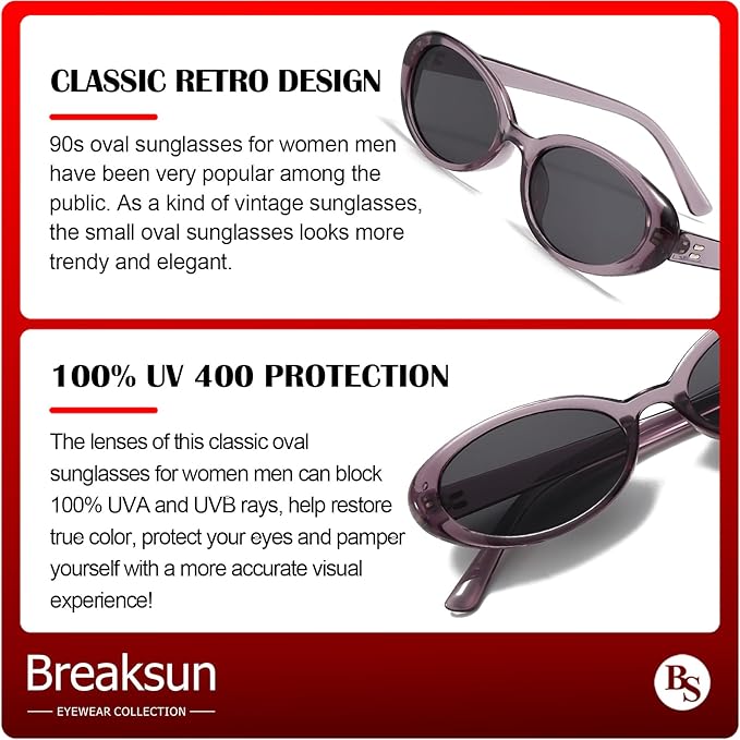 Breaksun Retro Oval Sunglasses for Women Men Fashion Small Oval Sunglasses 90s Vintage Shades