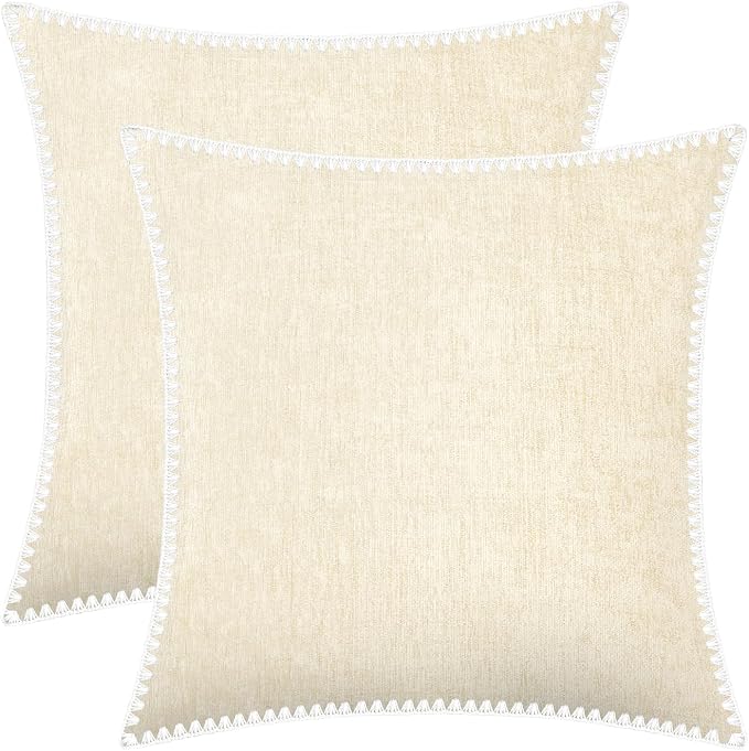 BRAWARM Chenille Throw Pillow Covers 20x20 Inches, Cream, 2 Pack | Decorative Pillow Covers with Shell Edge, Soft Cushion Cases for Sofa Bed Living Room Home Farmhouse (No Insert)