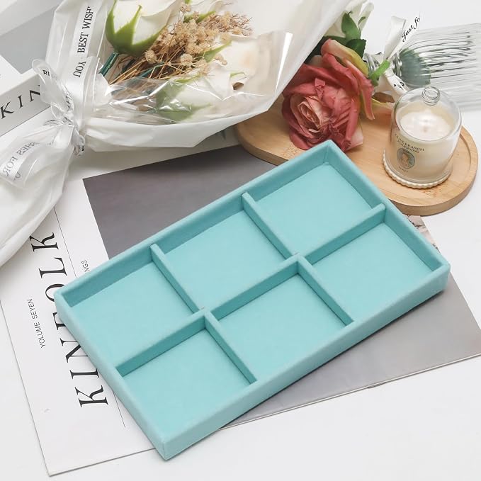 Velvet Jewelry Trays for Drawers, Blue 6 Grids | Stackable Jewelry Drawer Organizer, Earring Necklace Bracelet Holder Organizer Display Tray with Removable Dividers