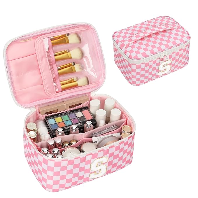 OCHEAL Makeup Bag Valentines Day Gifts for Women, Monogram Cosmetic Bag Pink Travel Makeup Case Beauty Toiletry Bag Organizer Personalized Gifts for Girls Bridesmaid, Sister, Wife, Friends Initial S