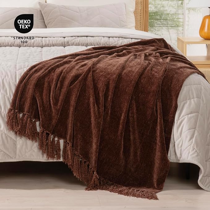 RECYCO Chenille Throw Blanket for Couch, 60"x80", Brown | Super Soft Knit Throw Blanket with Fringe Tassels, Lightweight Knitted Throw, Cozy, Ideal for Sofa Chair Bed Living Room Gift