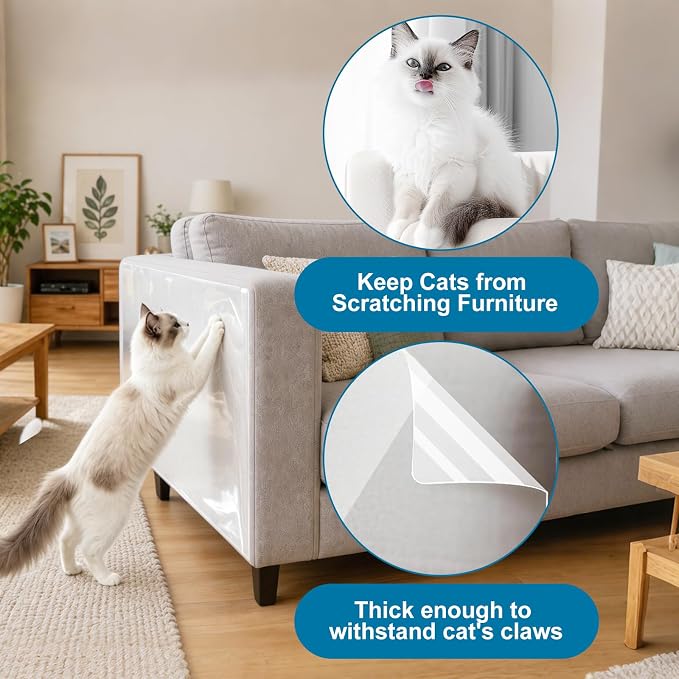 Anti Cat Scratch Furniture Protector – Clear Thicken Vinyl Tape 160"x17", Single-Sided Sticky Couch Protector from Cat Claws, Flexible Guard for Sofa Corner Door Walls Bed Leather