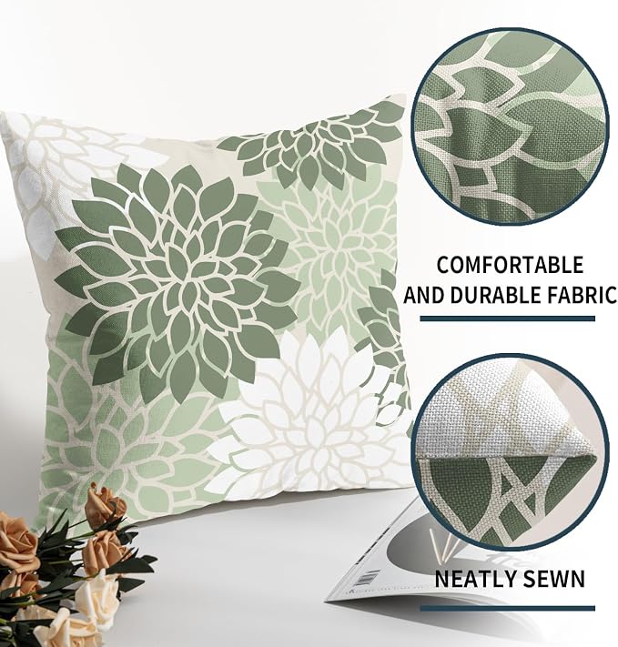 Sage Green White Floral Pillow Covers 24X24 Inch Set of 2 Geometric Dahlia Flower Decorative Pillow Cases Modern Cotton Linen Cushion Case Farmhouse Home Decor for Sofa Couch Bedroom