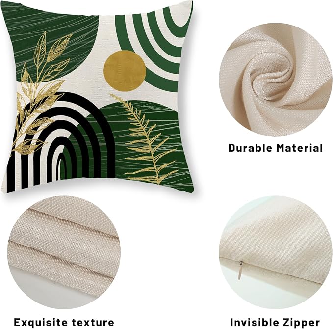 Boho Green Pillow Covers 18x18 Set of 2 Green Gold Leaf Tropical Decor Mid Century Throw Pillows Outdoor Bohemian Decorative Pillowcase Farmhouse Abstract Modern Cushion Case for Couch Sofa