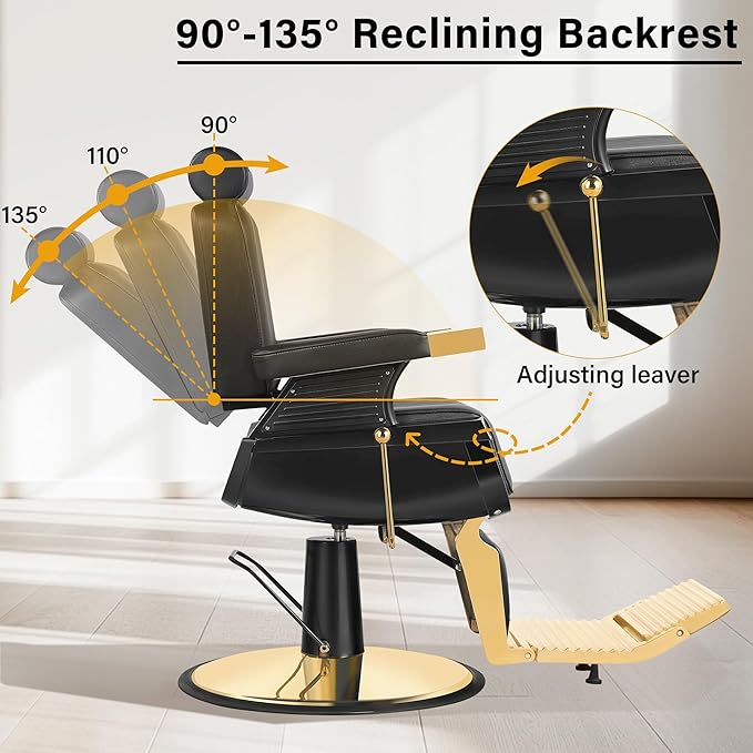 Barber Chair, Heavy Duty Reclining Barbershop Chair for Hair Stylist with Footrest and Headrest, Adjustable 360° Swivel All Purpose Hydraulic Salon Chair for Home Spa Beauty, Black Gold