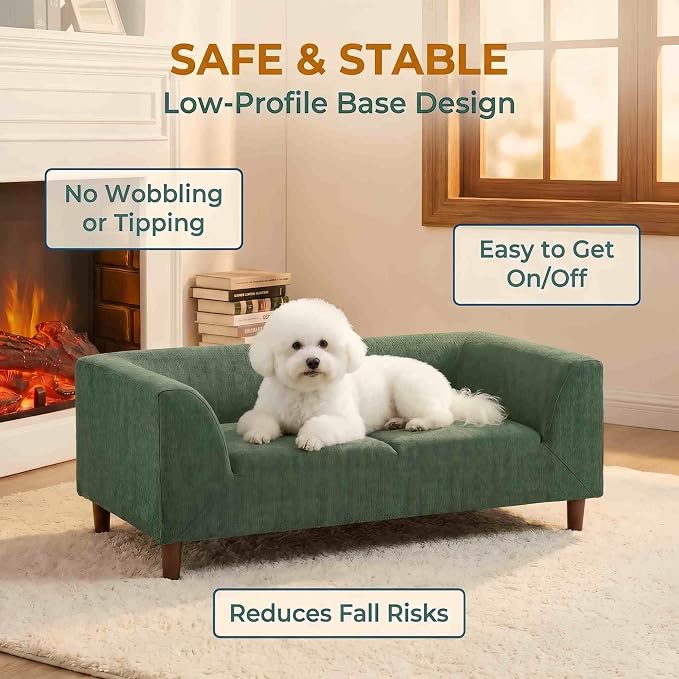 39.75 “x 22.5 “ Dog Sofa for Small Medium Dogs | Elevated Base | Breathable Linen Fabric | Armrest & Backrest | Plush Thick Cushion|Easy to Clean | Olive Green