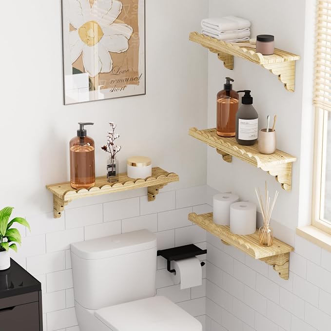 Scalloped Wood Wall Shelf – 17 Inch Floating Shelf with Wood Brackets, Easy to Install Rustic Wall Shelf for Living Room, Bedroom, Bathroom, or Any Space - Light Brown