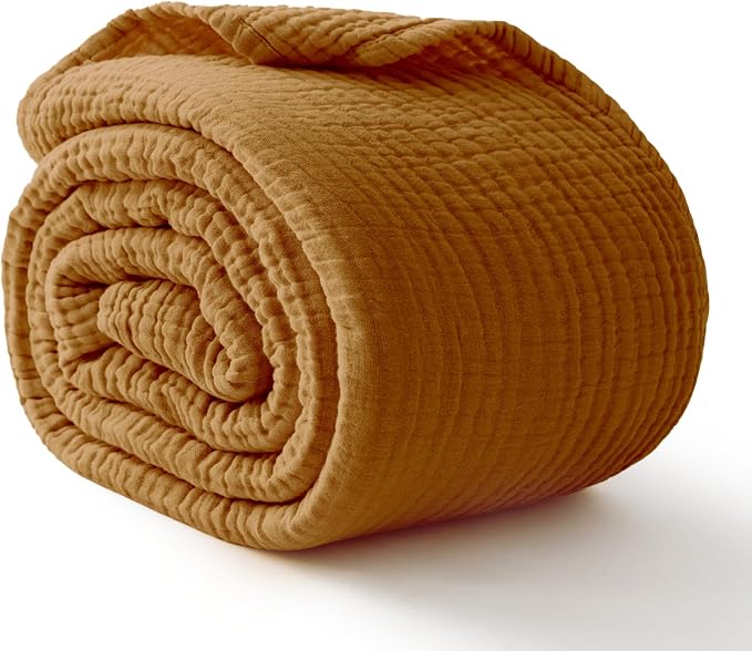 100% Cotton Muslin Blanket King 108" x 90", 6 Layers Breathable and Lightweight Cotton Throw Blankets for Bed, Soft Cooling Summer Gauze Blanket for Adults All Season, Mustard