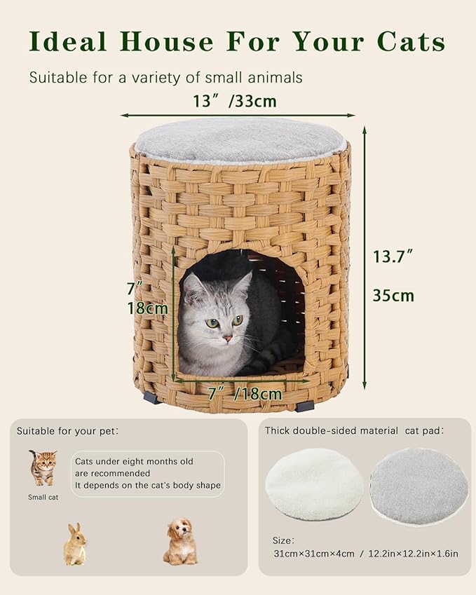 SETVSON Cat House for Indoor Cat, Small Handwoven PE Rattan Kitten Cave | Two-Tier Cozy Pet Nest with One Double-Sided Pad, Waterproof Handwoven PE Rattan Basket, Easy to Clean, 13x13x13.7 In
