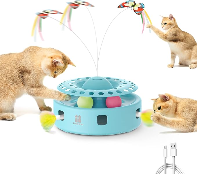 Potaroma Cat Toys 3-in-1 Automatic Interactive Kitten Toy, Fluttering Butterfly, Random Moving Ambush Feather, Track Balls, Dual Power Supplies, USB Powered, Indoor Exercise Cat Kicker (Blue) | Fluttering Butterfly, Random Moving Feather, Balls, Dual P...