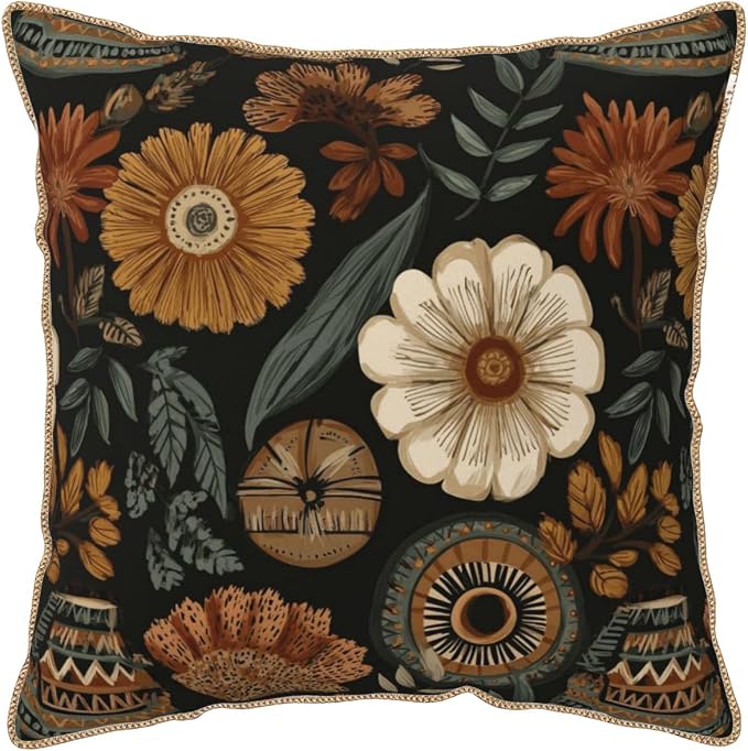 Vintage Boho Flower Velvet Pillow Covers 18x18 Inch Brown Green Retro Floral Throw Pillows for Couch Cushion Covers Pillowcase Bohemian Farmhouse Pillow Cases for Sofa Bed Living Room