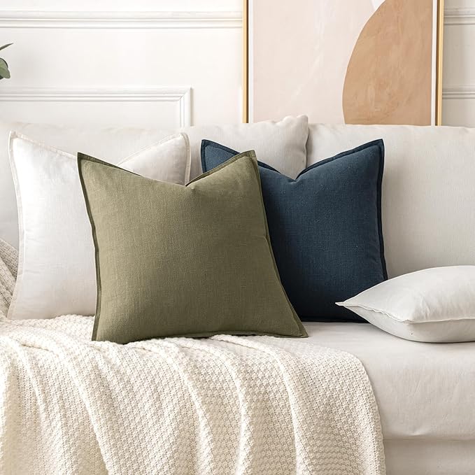 MIULEE Decorative Linen Pillow Covers 18x18 Inch Deep Blue | Boho Farmhouse Neutral Couch Throw Pillows for Bed, Pack of 2 Accent Coastal Modern Pillowcases, Sofa Livingroom Home Decor