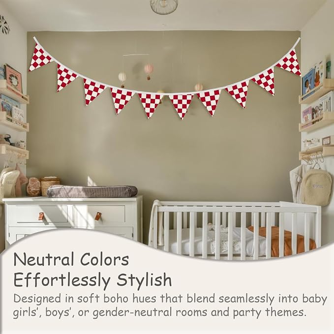 Boys Room Wall Art Decor,Cars Room Decor for Toddler Nursery Playroom, Red and White Checkered Garland Triangle Banners,Racing Flags 11Ft Bunting Flags Fabric for Baby Shower Birthday Party