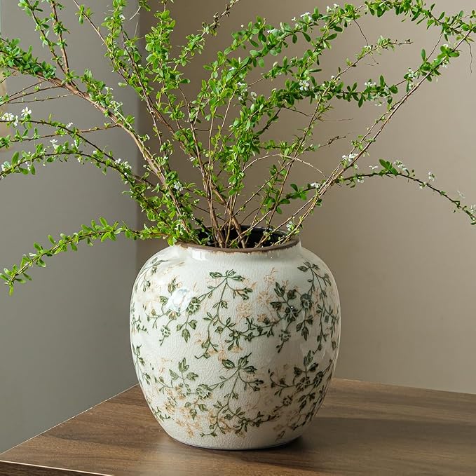 Ceramic Flower Vase for Home Decor, Vintage Decorative Green Vase 6.7 Inch | Rustic Farmhouse Floral Vase for Living Room, Coffee Table, Mantel, Kitchen, Bookshelf, Entryway, Wedding Centerpiece