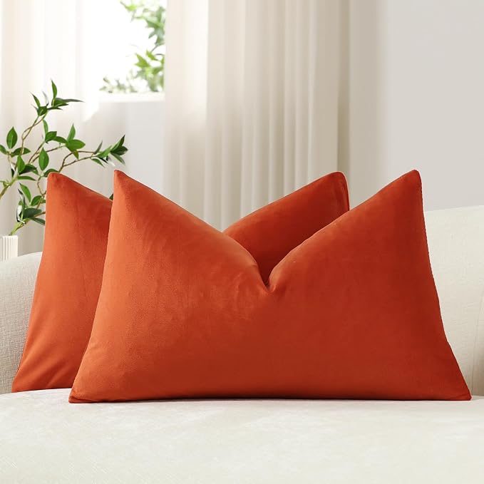 Lumbar Pillow Covers 12x20 Burnt Orange: Pack of 2 Cozy Soft Velvet Rectangular Modern Luxury Decorative Throw Pillow Cases for Sofa Couch Living Room Bed Home Decor