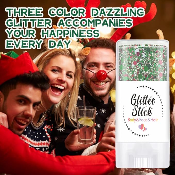 Christmas Body Glitter Stick, Sparkling Holographic Sequins Neon Outfit Party Christmas Hair Accessories and Face Glitter Gel Makeup.(Red Green and White)