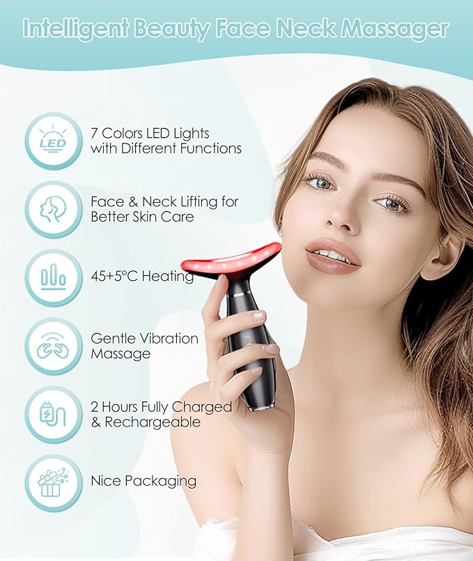 ELISHINE 7 Color Neck Face Massager - Facial Massager Tool for Skin Care at Home, Vibrating Face Massager with Thermals, Galvanic Machines Black