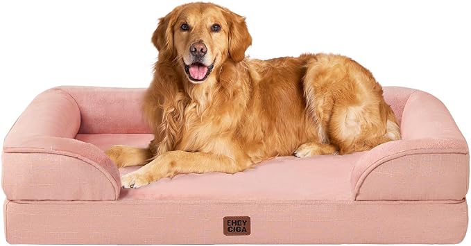 EHEYCIGA Orthopedic Extra Large Dog Bed, Waterproof Washable XL Pet Bed 44" | Non-Slip Bottom and Egg-Crate Memory Foam Big Dog Couch Bed with Washable Removable Cover, Dusty Pink, 44Inch
