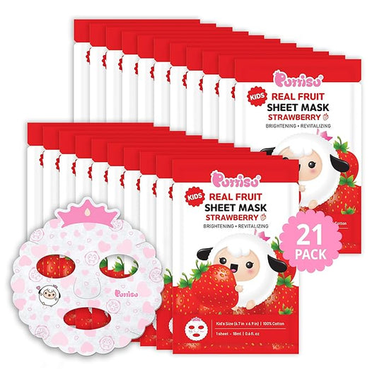 Puttisu Real Fruit Facial Mask Sheet for Kids, Children - Made with 100% Cotton, Moisturize, Sooths and Hydrates Skin (Strawberry- Pack of 21)