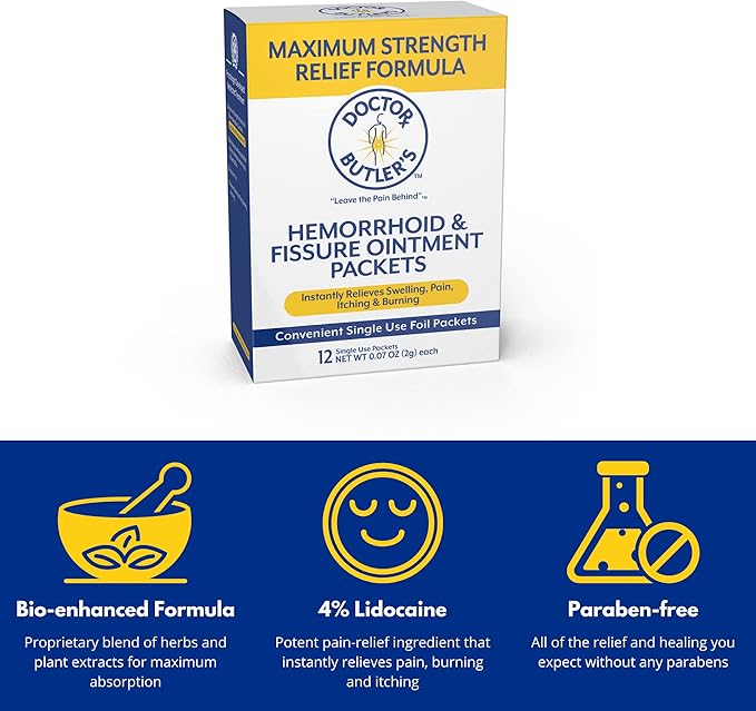 Doctor Butler's Maximum Strength Hemorrhoid & Fissure Ointment 12 to-Go Packets - Instant Pain Relief Hemorrhoid Treatment with Lidocaine, Internal & External Itching, Burning and Swelling Relief
