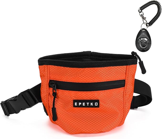 Dog Treat Pouch with Training Clicker, Treat Bag Fanny Pack with Magnetic and Zipper Closure Waterproof and Durable Treat Pouches for Pet Training Walking (Orange)