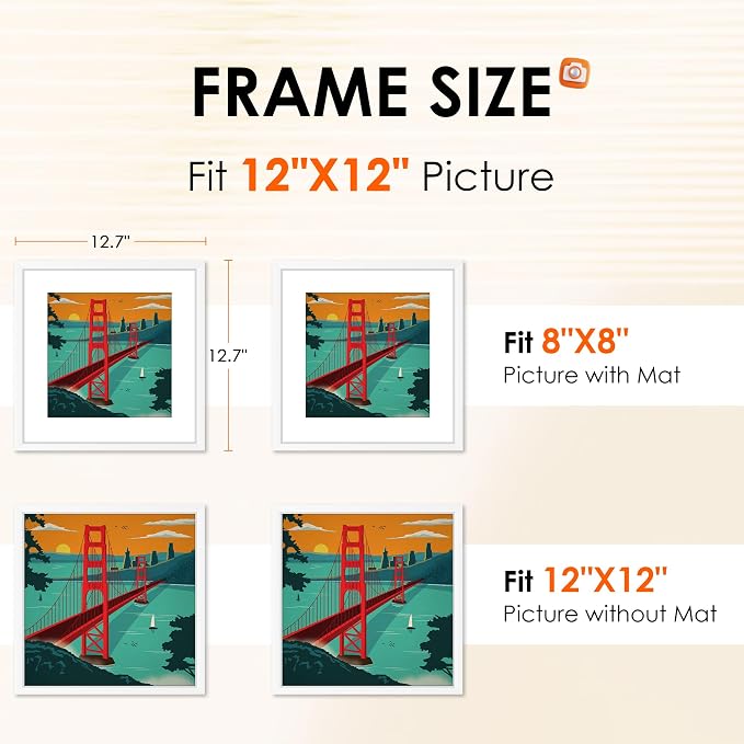 12x12 Picture Frame White Set of 2, Photo Frame with HD Plexiglass, Display Pictures 8x8 with Mat or 11x17 Without Mat, White Picture Frames Collage Wall Decor, Gallary Wall Frame