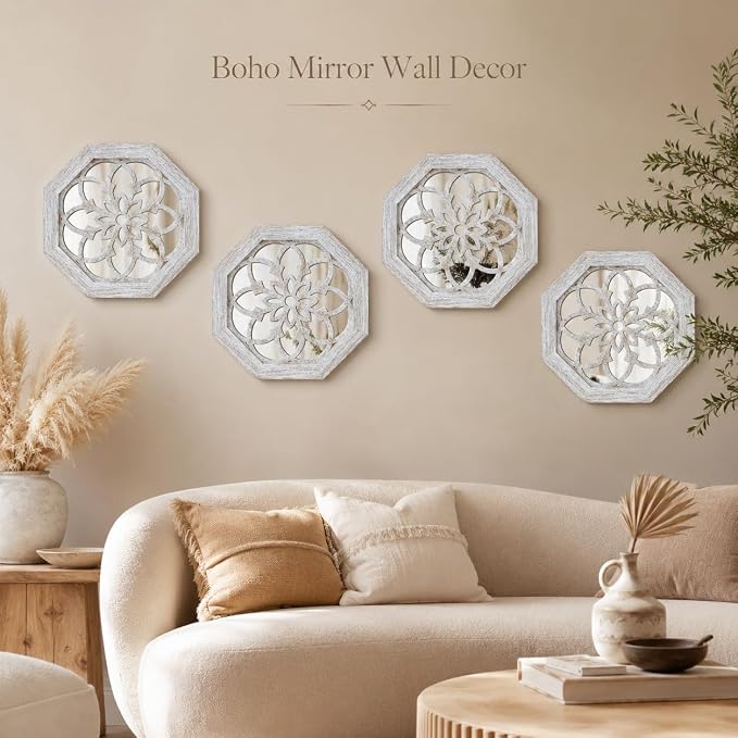 4 Pack 12 Inch Octagon Grey Rustic Wood Frame Acrylic Wall Mirrors, Farmhouse Boho Wall Art Decor for Living Room, Bedroom, Hallway, Entryway, Bathroom & Office