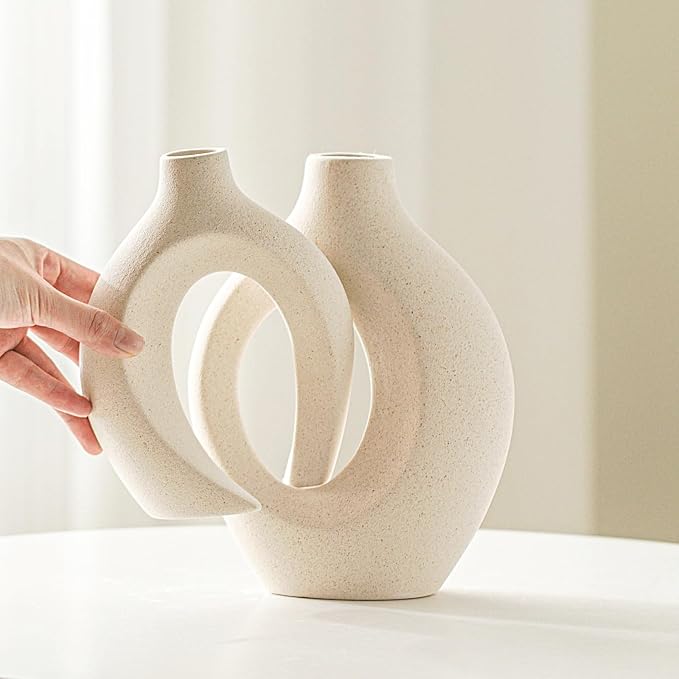 Lvases Snuggle Hollow Ceramic Vase Set of 2, Boho Home Decor for Tabletop | Modern Nordic Flower Vase for Pampas Grass, Decorative Coffee-Table Centerpiece for Living Room, 6.3 x 8.4 in, Milky White