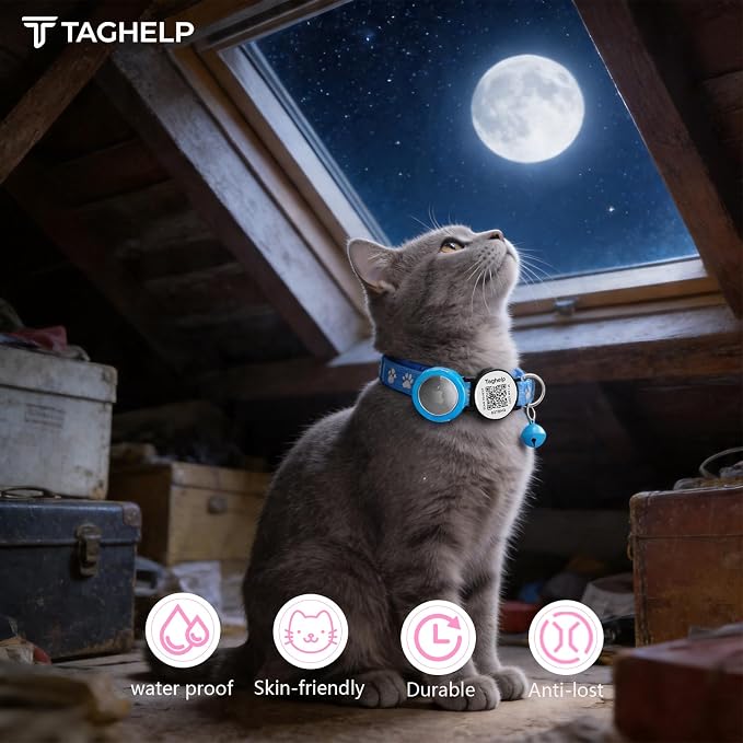 Paw Print AirTag Cat Collar - Waterproof Breakaway Reflective Collar with Bell, Secure Apple Airtag Holder & Safety Buckle | Pet Supplies, Gifts for Cat Owners (Blue)