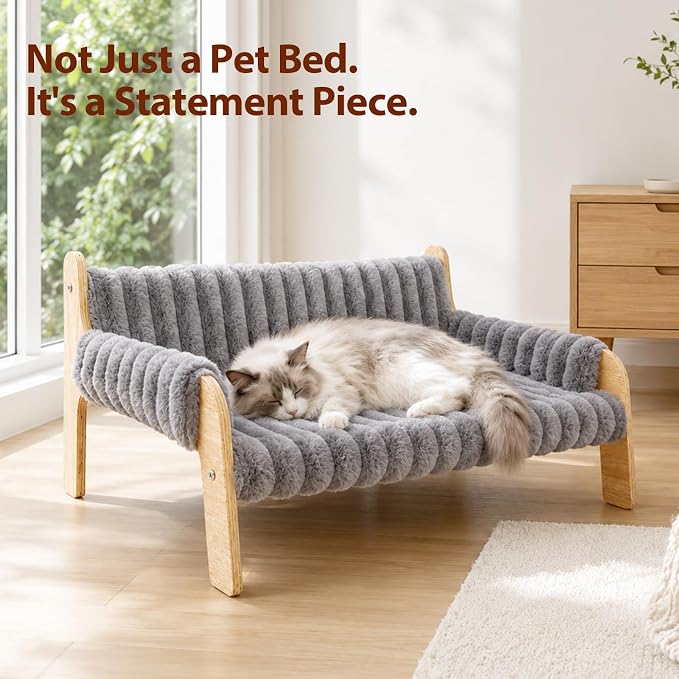 Elevated Cat Couch for Indoor Cats Wooden Cat Sofa for Kitty Puppy | Ultra-Soft Plush Raised Cat Bed,Removable Washable Cat Chair Hammock,Breathable Cat Furniture for Bedside Balcony Living Room