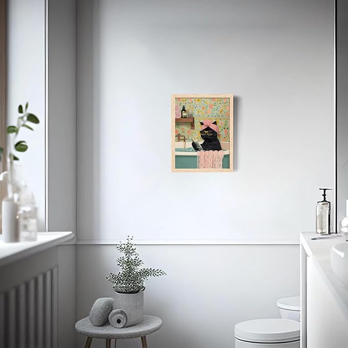 ICHZUMW Framed Funny Black Cat in Bathtub Canvas Bathroom Wall Art 8x10 In | Humorous Cat Wearing Sunglasses Reading Book, Girly Pink Dopamine Bathroom Wall Decor, Restroom Powder Room, Ready to Hang