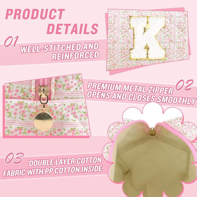 Personalized Quilted Cosmetic Bag, Puffy Monogrammed Christmas Birthday Gifts for Women & Girls, Cute initial Floral Makeup Bag Puffer Coquette Bag, Aesthetic Travel Toiletry Zipper Pouch(Pink,K)