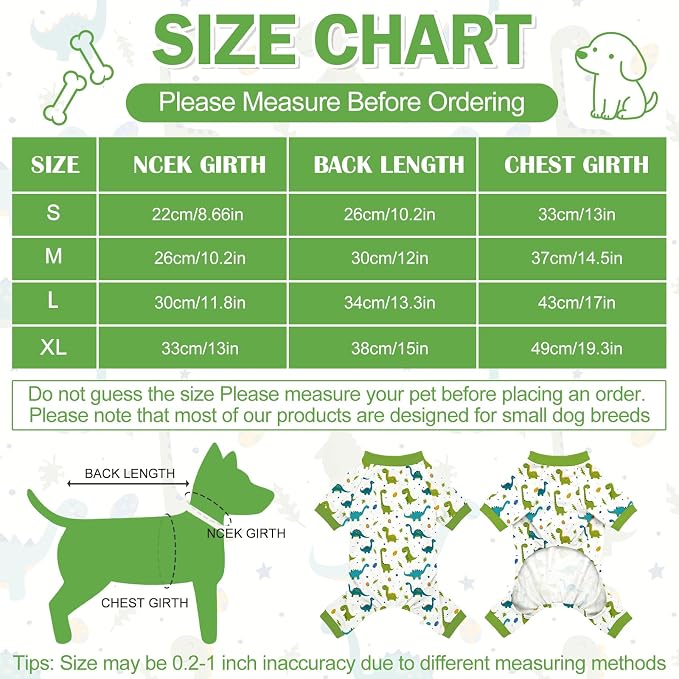 Dog Pajamas for Small Medium Dogs Pjs Green Dinosaurs Dog Onesie Breathable Puppy Pj Pet Stretchy Soft Sleepwear for Spring Summer Costume-XL