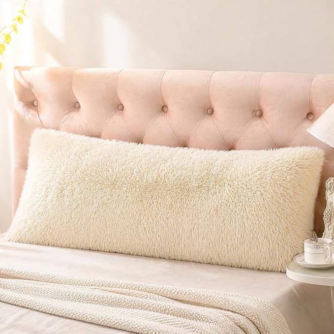 Reafort Luxury Long Hair, PV Fur, Faux Fur Body Pillow Cover/Case 21inx54in with Hidden Zipper Closure (Cream, 21inX 54in Pillow Cover) | Ultra-soft long hair faux fur with a hidden zipper offers luxurious comfort and is machine washable for easy care.