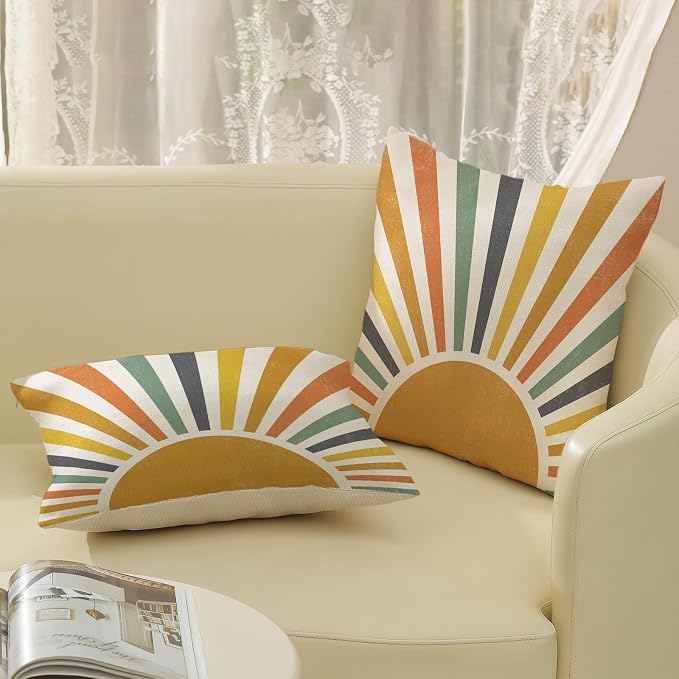 Boho Pillow Covers 20x20 Set of 2 Stripes Colorful Yellow Sunshine Decorative Pillow Cases Summer Rainbow Sun Outdoor Cushion Cover Cute Farmhouse Linen Decor Throw Pillows for Couch Sofa