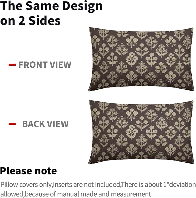 Drak Brown Pillow Covers 12x20 Inch Set of 2, Cream Floral Block Print Pattern Lumbar Decorative Throw Pillowcases Outdoor Farmhouse Rectangle Cushion Covers Spring Summer Sofa Couch Bed Decor